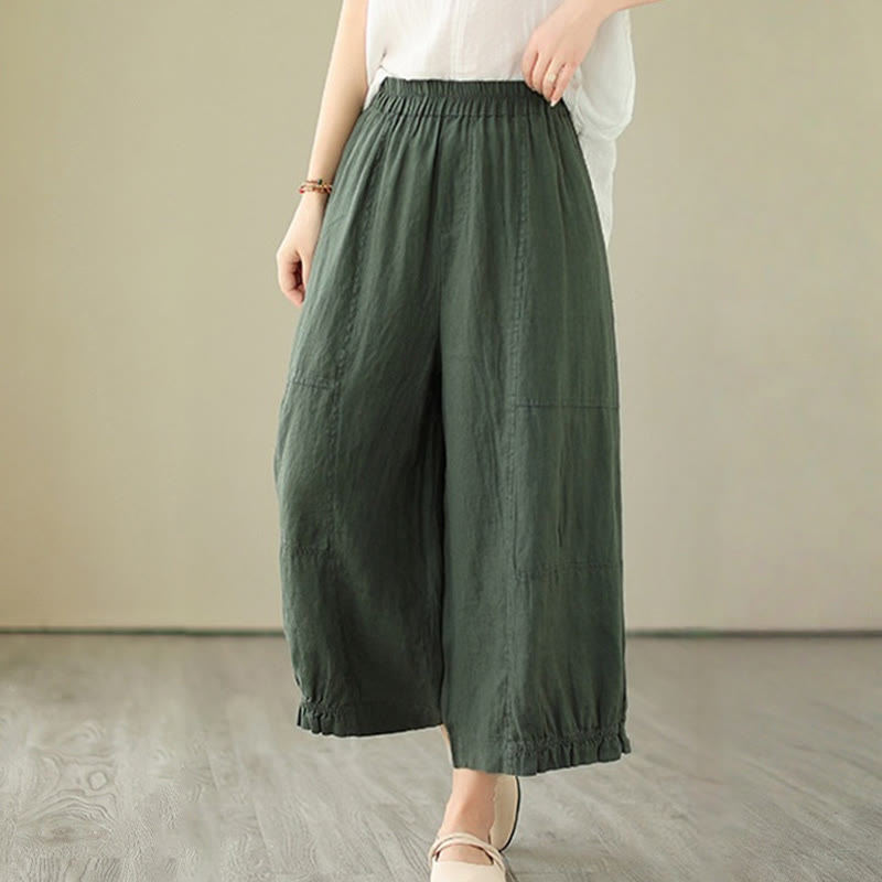 Buddha Stones Vintage Casual Pleated Design Cotton Women's Wide Leg Cropped Pants With Pockets - image 1