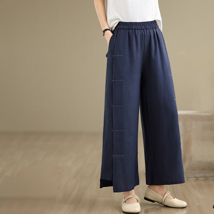 Buddha Stones Spring Casual Navy Simple Line Design Cotton Linen Women's Wide Leg Pants With Pockets - image 2