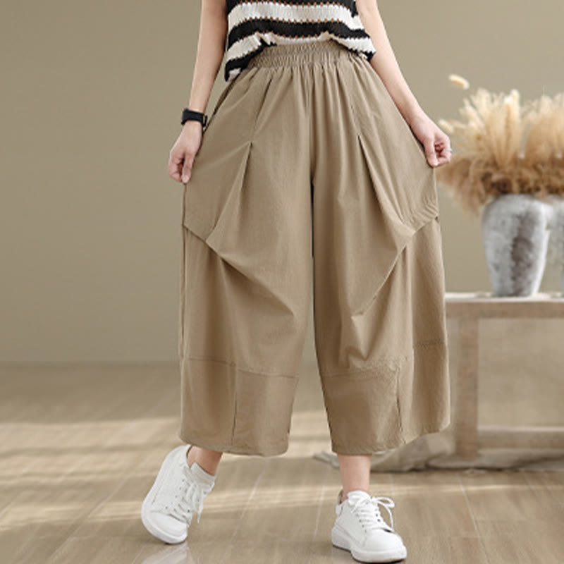 Buddha Stones Summer Irregular Pleating Design Cotton Women's Wide Leg Pants With Pockets - image 1