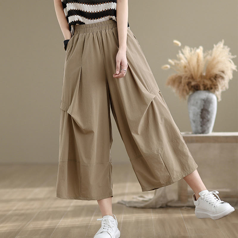 Buddha Stones Summer Irregular Pleating Design Cotton Women's Wide Leg Pants With Pockets - Tan - US8-10，UK/AU12-14，EU40-42 (2XL) - image 0