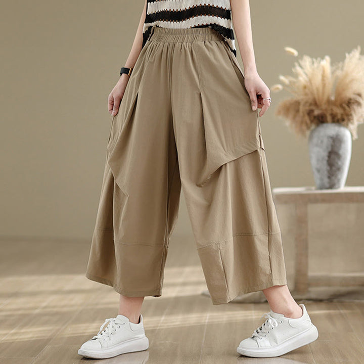 Buddha Stones Summer Irregular Pleating Design Cotton Women's Wide Leg Pants With Pockets