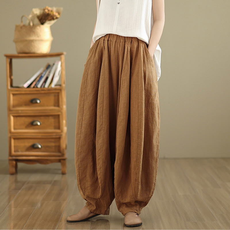 Buddha Stones Vintage Patchwork Lantern Design Cotton Linen Women's Wide Leg Pants With Pockets - image 4