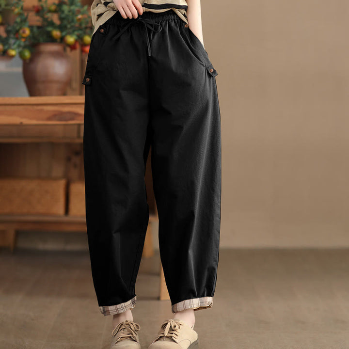 Buddha Stones Casual Plain Patched Cuff Design Women's Cotton Harem Cropped Pants With Pockets - image 10