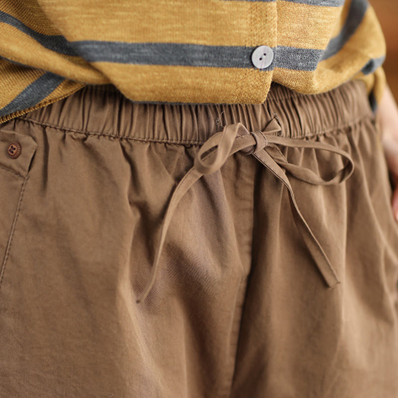 Buddha Stones Casual Plain Patched Cuff Design Women's Cotton Harem Cropped Pants With Pockets - image 2