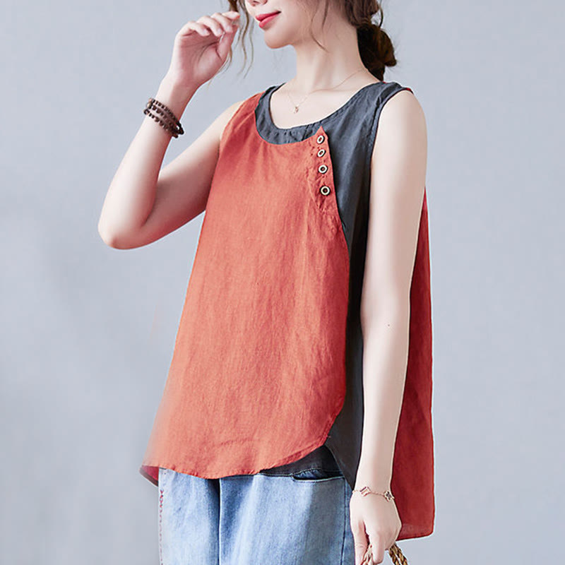 Buddha Stones Summer Color Matching Fake 2 Pieces Design Crew Collar Cotton Linen Women's Vest Waistcoat
