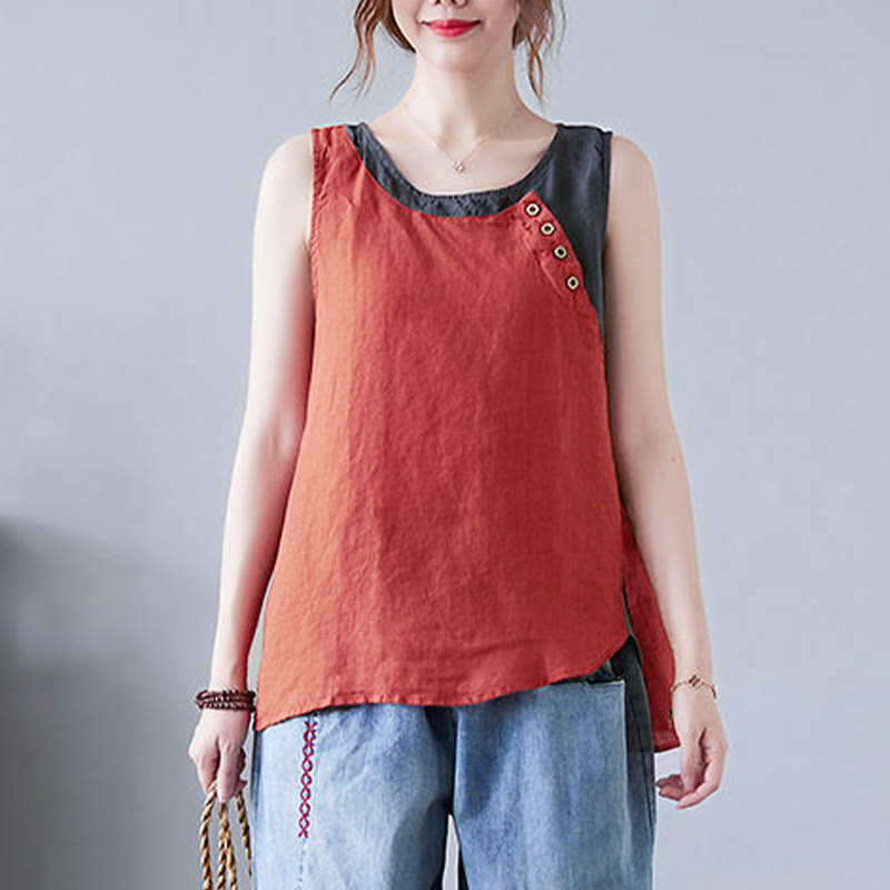 Buddha Stones Summer Color Matching Fake 2 Pieces Design Crew Collar Cotton Linen Women's Vest Waistcoat