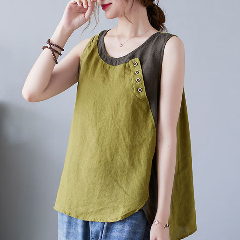 Buddha Stones Summer Color Matching Fake 2 Pieces Design Crew Collar Cotton Linen Women's Vest Waistcoat