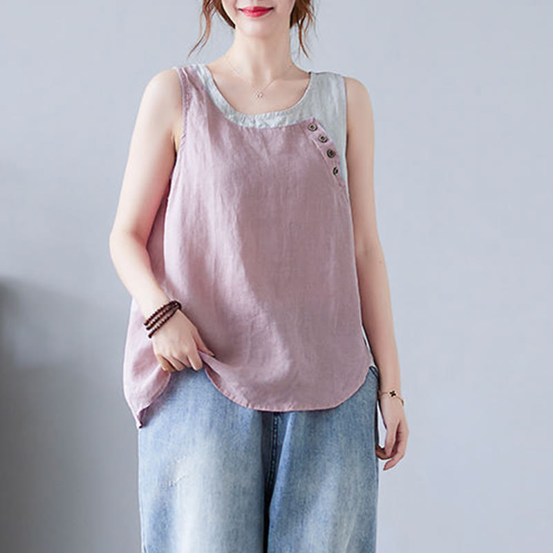 Buddha Stones Summer Color Matching Fake 2 Pieces Design Crew Collar Cotton Linen Women's Vest Waistcoat