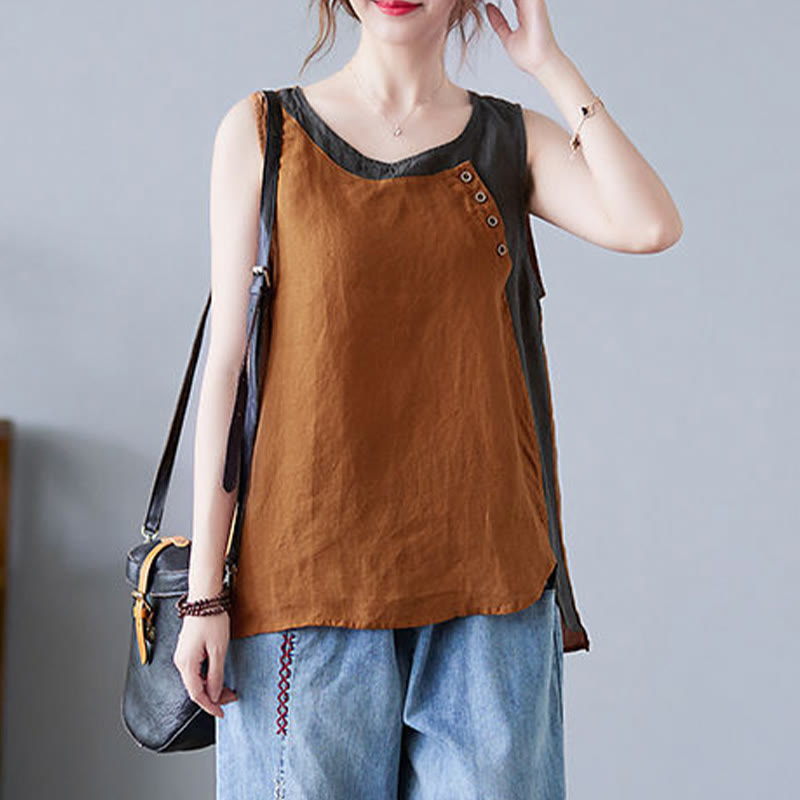 Buddha Stones Summer Color Matching Fake 2 Pieces Design Crew Collar Cotton Linen Women's Vest Waistcoat