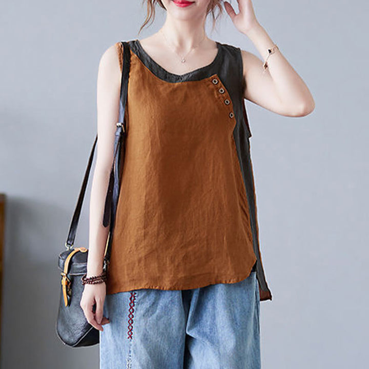 Buddha Stones Summer Color Matching Fake 2 Pieces Design Crew Collar Cotton Linen Women's Vest Waistcoat