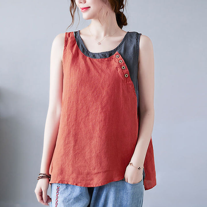 Buddha Stones Summer Color Matching Fake 2 Pieces Design Crew Collar Cotton Linen Women's Vest Waistcoat
