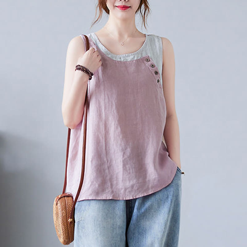Buddha Stones Summer Color Matching Fake 2 Pieces Design Crew Collar Cotton Linen Women's Vest Waistcoat