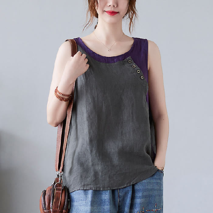 Buddha Stones Summer Color Matching Fake 2 Pieces Design Crew Collar Cotton Linen Women's Vest Waistcoat
