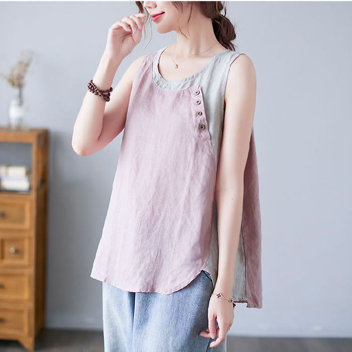 Buddha Stones Summer Color Matching Fake 2 Pieces Design Crew Collar Cotton Linen Women's Vest Waistcoat