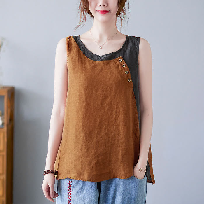 Buddha Stones Summer Color Matching Fake 2 Pieces Design Crew Collar Cotton Linen Women's Vest Waistcoat