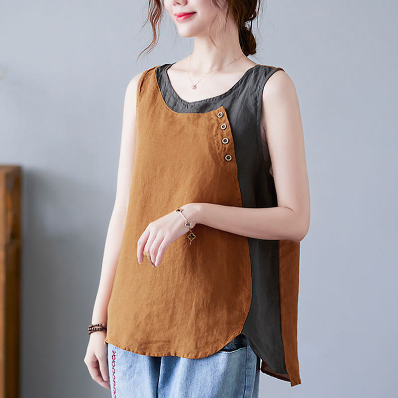 Buddha Stones Summer Color Matching Fake 2 Pieces Design Crew Collar Cotton Linen Women's Vest Waistcoat