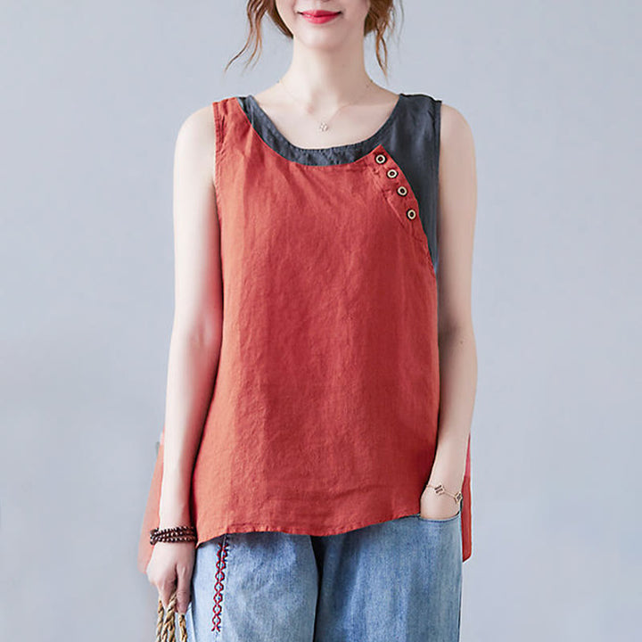 Buddha Stones Summer Color Matching Fake 2 Pieces Design Crew Collar Cotton Linen Women's Vest Waistcoat