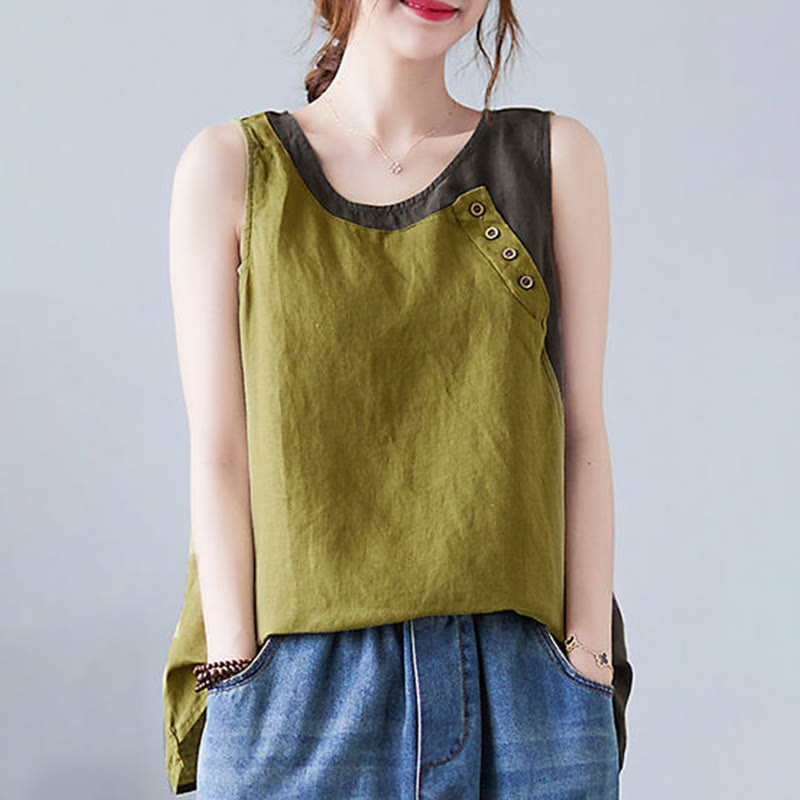 Buddha Stones Summer Color Matching Fake 2 Pieces Design Crew Collar Cotton Linen Women's Vest Waistcoat