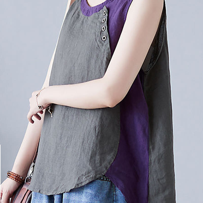 Buddha Stones Summer Color Matching Fake 2 Pieces Design Crew Collar Cotton Linen Women's Vest Waistcoat