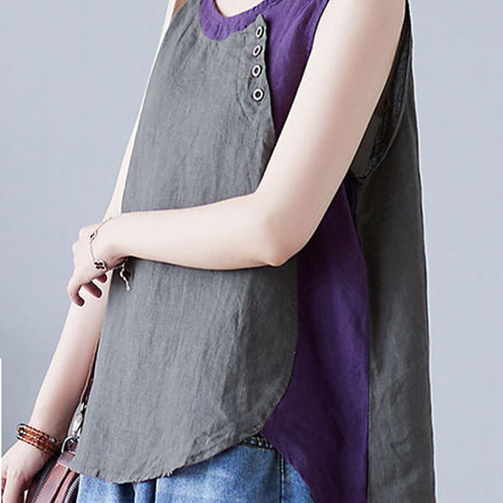 Buddha Stones Summer Color Matching Fake 2 Pieces Design Crew Collar Cotton Linen Women's Vest Waistcoat