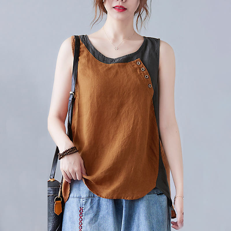 Buddha Stones Summer Color Matching Fake 2 Pieces Design Crew Collar Cotton Linen Women's Vest Waistcoat