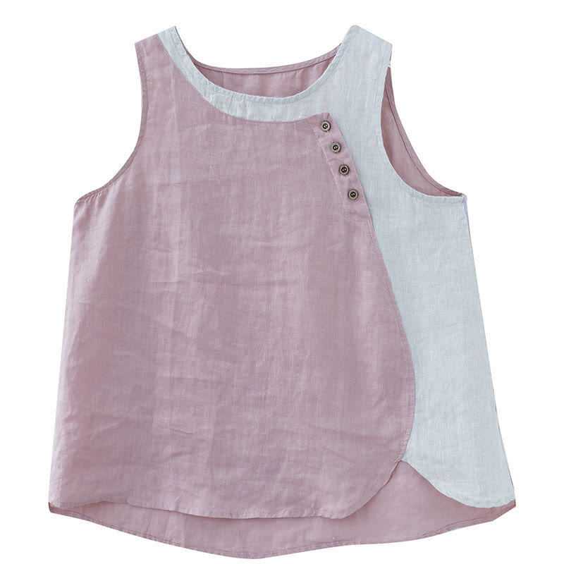 Buddha Stones Summer Color Matching Fake 2 Pieces Design Crew Collar Cotton Linen Women's Vest Waistcoat