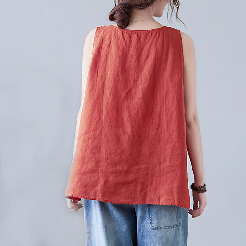 Buddha Stones Summer Color Matching Fake 2 Pieces Design Crew Collar Cotton Linen Women's Vest Waistcoat