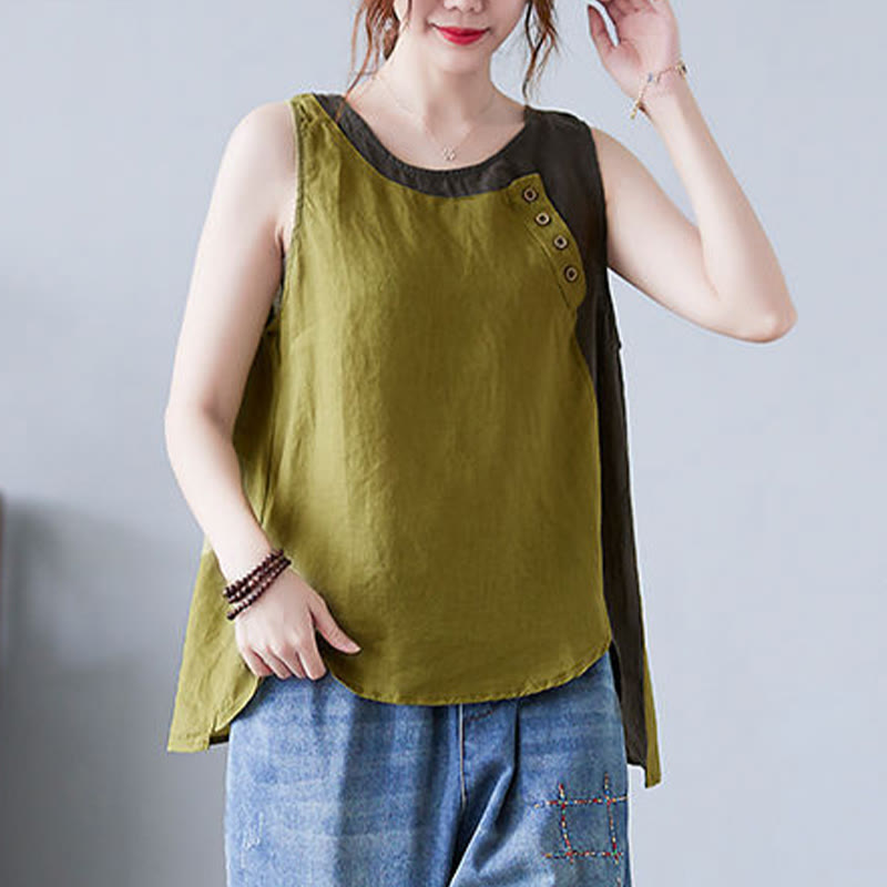 Buddha Stones Summer Color Matching Fake 2 Pieces Design Crew Collar Cotton Linen Women's Vest Waistcoat