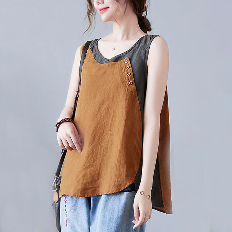 Buddha Stones Summer Color Matching Fake 2 Pieces Design Crew Collar Cotton Linen Women's Vest Waistcoat