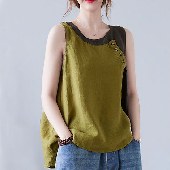 Buddha Stones Summer Color Matching Fake 2 Pieces Design Crew Collar Cotton Linen Women's Vest Waistcoat