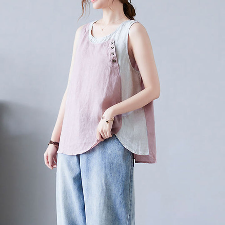 Buddha Stones Summer Color Matching Fake 2 Pieces Design Crew Collar Cotton Linen Women's Vest Waistcoat