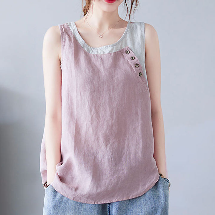 Buddha Stones Summer Color Matching Fake 2 Pieces Design Crew Collar Cotton Linen Women's Vest Waistcoat