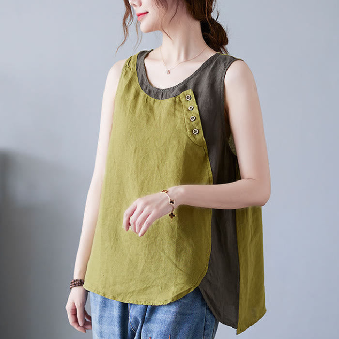 Buddha Stones Summer Color Matching Fake 2 Pieces Design Crew Collar Cotton Linen Women's Vest Waistcoat