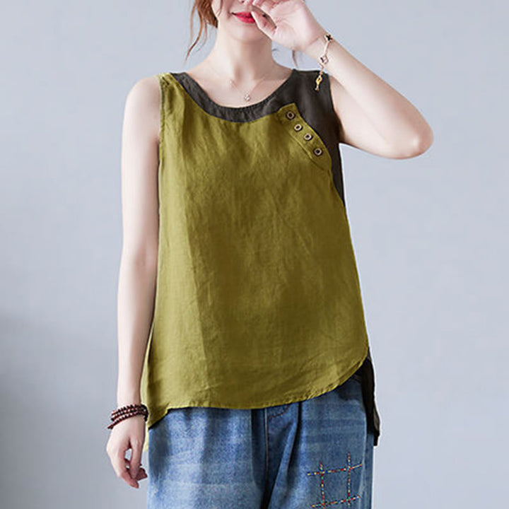 Buddha Stones Summer Color Matching Fake 2 Pieces Design Crew Collar Cotton Linen Women's Vest Waistcoat