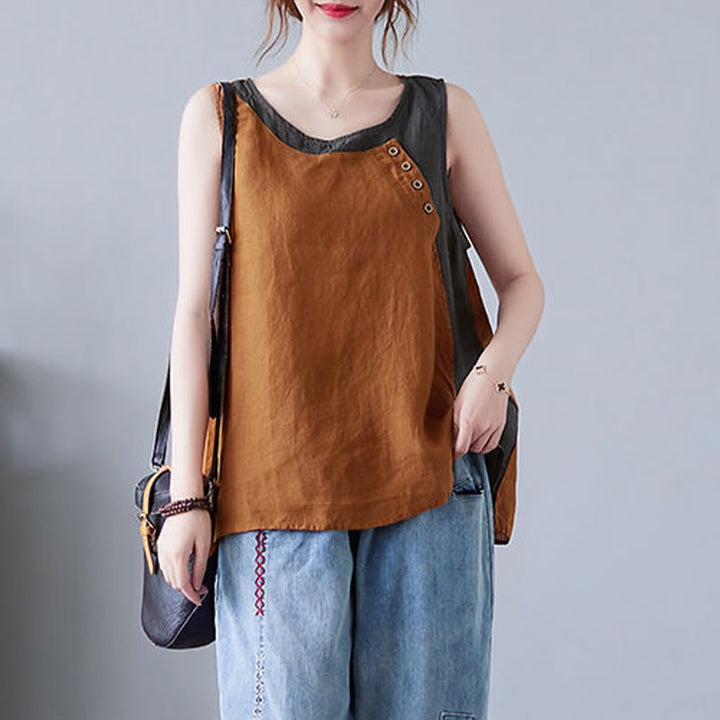 Buddha Stones Summer Color Matching Fake 2 Pieces Design Crew Collar Cotton Linen Women's Vest Waistcoat