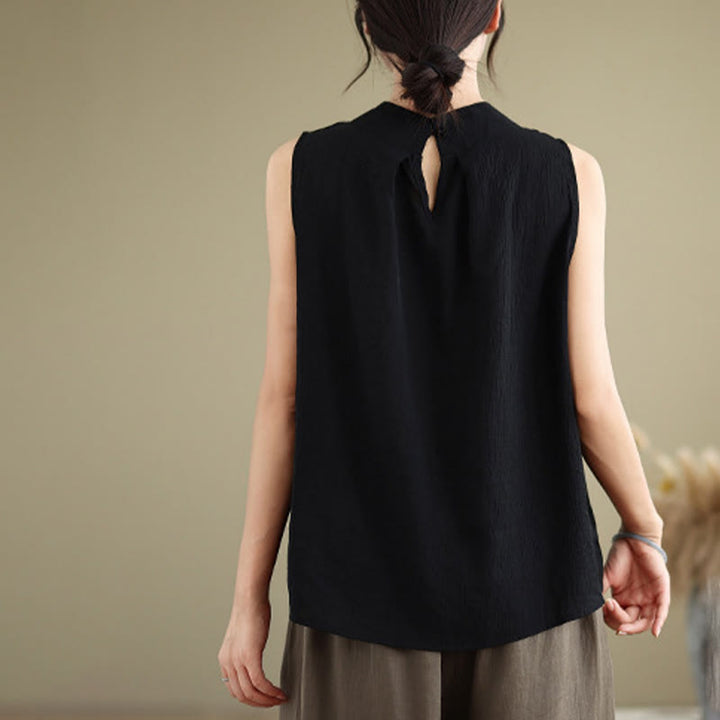 Buddha Stones Casual Plain Back Buttom Design Stand Collar Cotton Linen Women's Sleeveless Vest - image 23