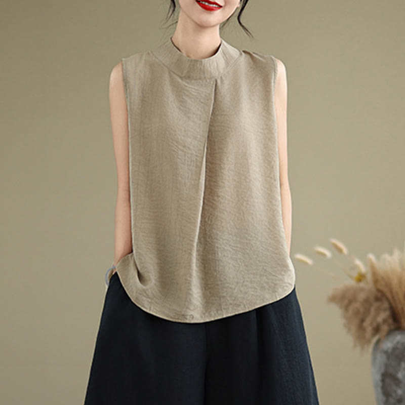 Buddha Stones Casual Plain Back Buttom Design Stand Collar Cotton Linen Women's Sleeveless Vest - image 15