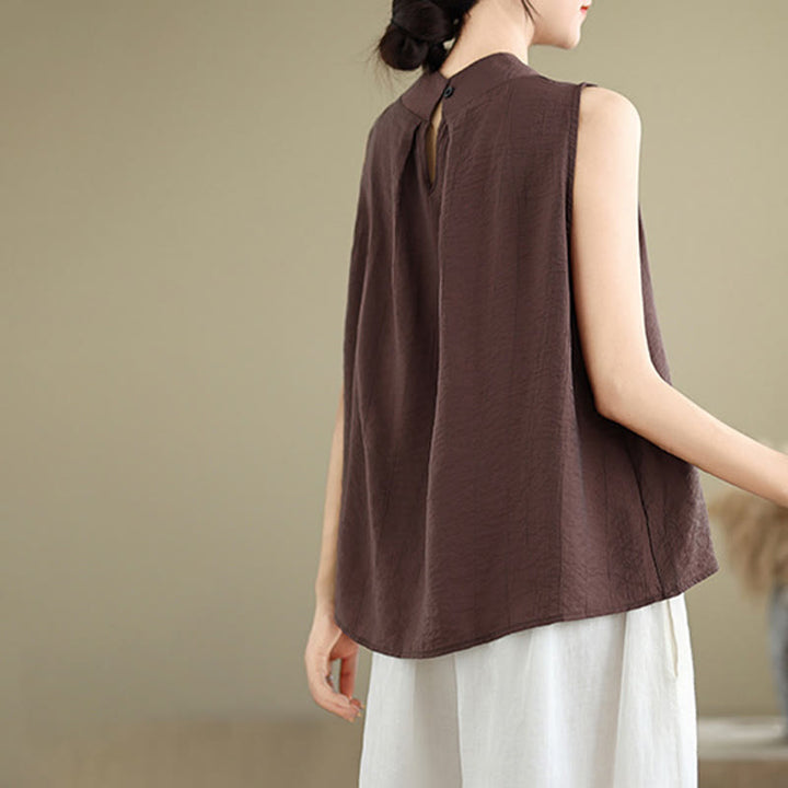 Buddha Stones Casual Plain Back Buttom Design Stand Collar Cotton Linen Women's Sleeveless Vest - image 6