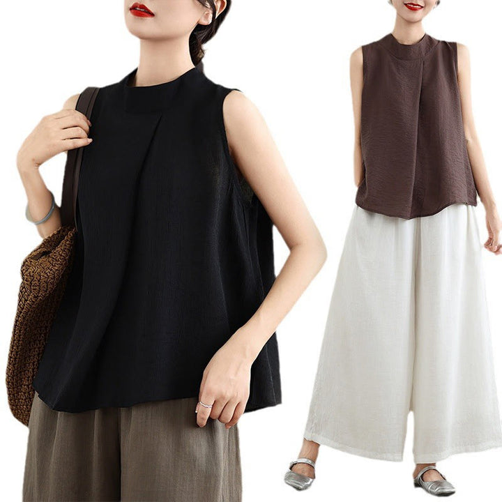 Buddha Stones Casual Plain Back Buttom Design Stand Collar Cotton Linen Women's Sleeveless Vest - image 24