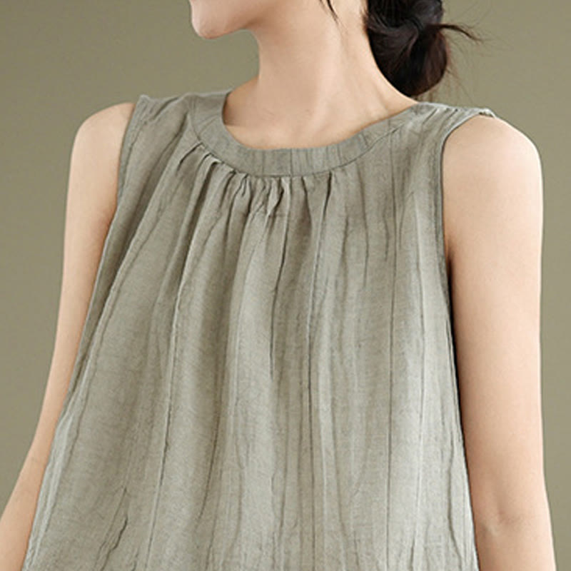 Buddha Stones Summer Wrinkles Simple Design Crew Neck Cotton Linen Women's Sleeveless Vest Waistcoat - image 4