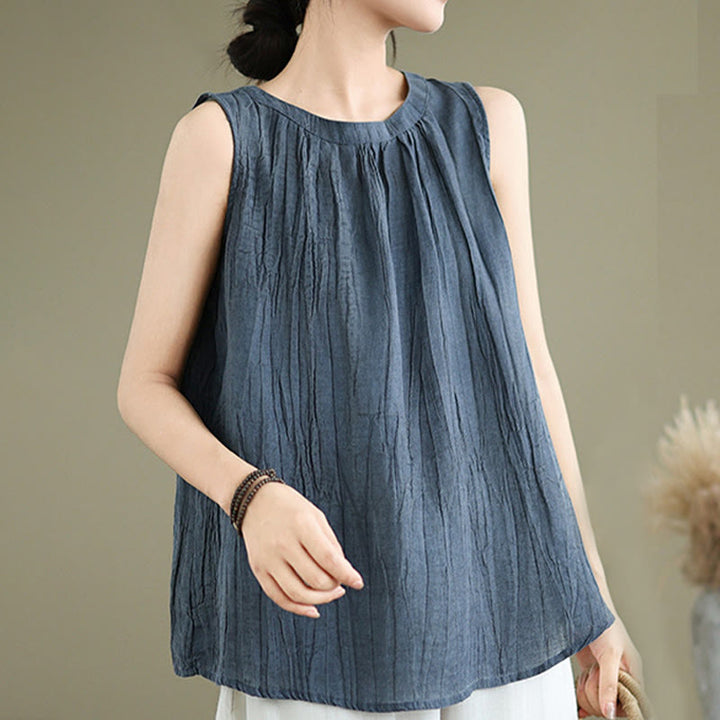 Buddha Stones Summer Wrinkles Simple Design Crew Neck Cotton Linen Women's Sleeveless Vest Waistcoat - image 18