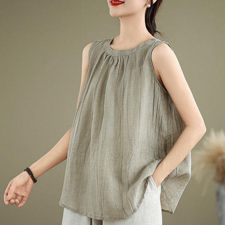 Buddha Stones Summer Wrinkles Simple Design Crew Neck Women's Sleeveless Vest Waistcoat - image 3