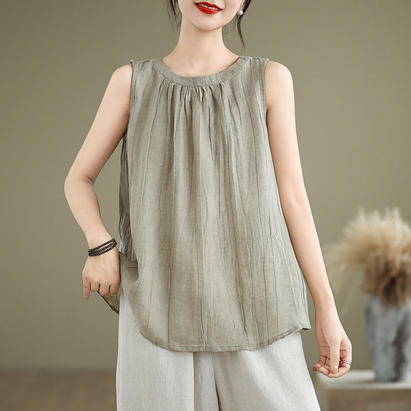 Buddha Stones Summer Wrinkles Simple Design Crew Neck Cotton Linen Women's Sleeveless Vest Waistcoat - DarkKhaki - US8-10，UK/AU12-14，EU40-42 (2XL) - image 0