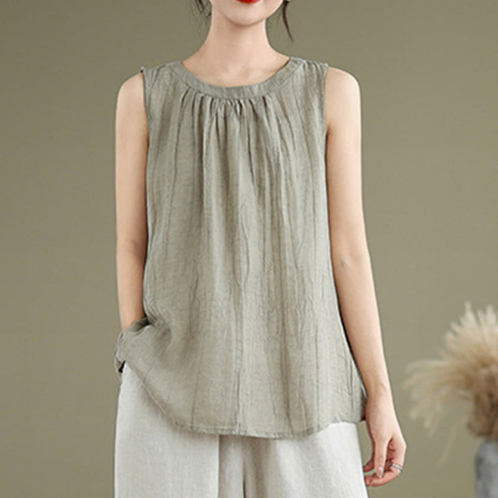Buddha Stones Summer Wrinkles Simple Design Crew Neck Cotton Linen Women's Sleeveless Vest Waistcoat - image 1