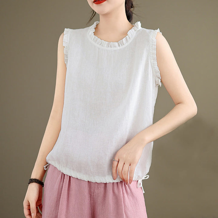 Buddha Stones Summer Ruffled Design Drawstring Crew Neck Cotton Linen Women's Sleeveless Vest - image 24