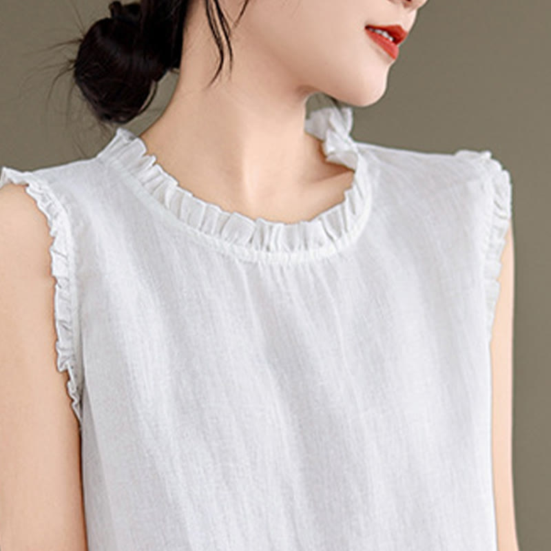 Buddha Stones Summer Ruffled Design Drawstring Crew Neck Cotton Linen Women's Sleeveless Vest - image 27