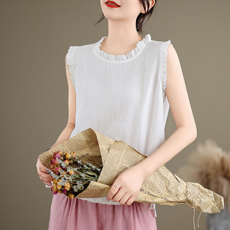 Buddha Stones Summer Ruffled Design Drawstring Crew Neck Cotton Linen Women's Sleeveless Vest - image 25