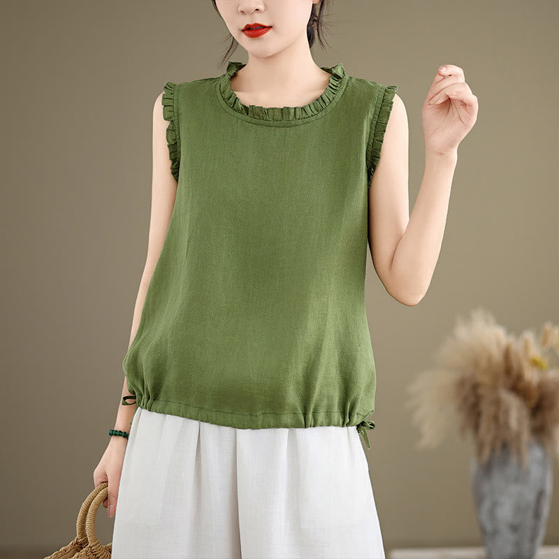 Buddha Stones Summer Ruffled Design Drawstring Crew Neck Cotton Linen Women's Sleeveless Vest - LimeGreen - US8-10，UK/AU12-14，EU40-42 (2XL) - image 0