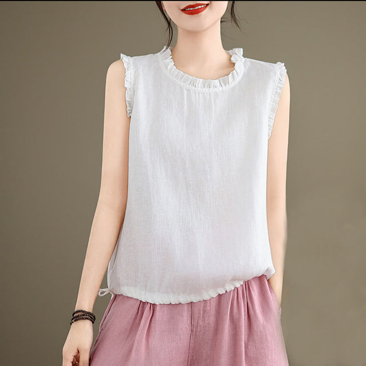 Buddha Stones Summer Ruffled Design Drawstring Crew Neck Cotton Linen Women's Sleeveless Vest - image 22