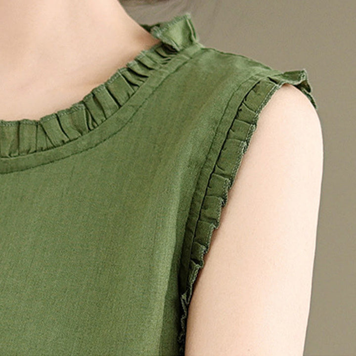 Buddha Stones Summer Ruffled Design Drawstring Crew Neck Cotton Linen Women's Sleeveless Vest - image 8